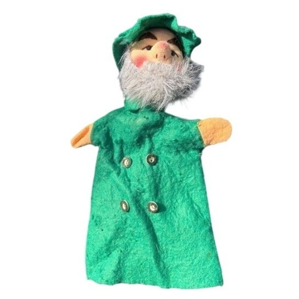Vintage Gnome Wizard Hand Puppet Green Felt Grey Beard Buttons Storytelling Toy